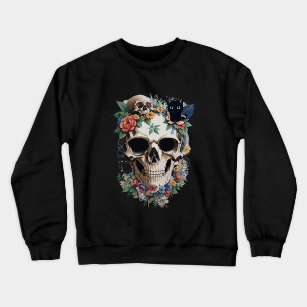 Skull With Flowers And Cats Crewneck Sweatshirt by PetODesigns